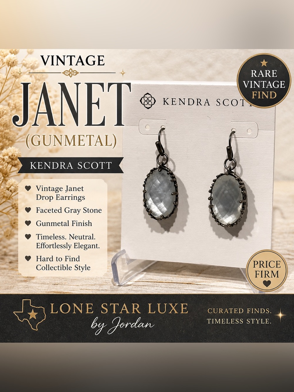 Kendra Scott Janet Drop Earrings Gunmetal/Faceted Gray Stone-Vintage Retired HTF